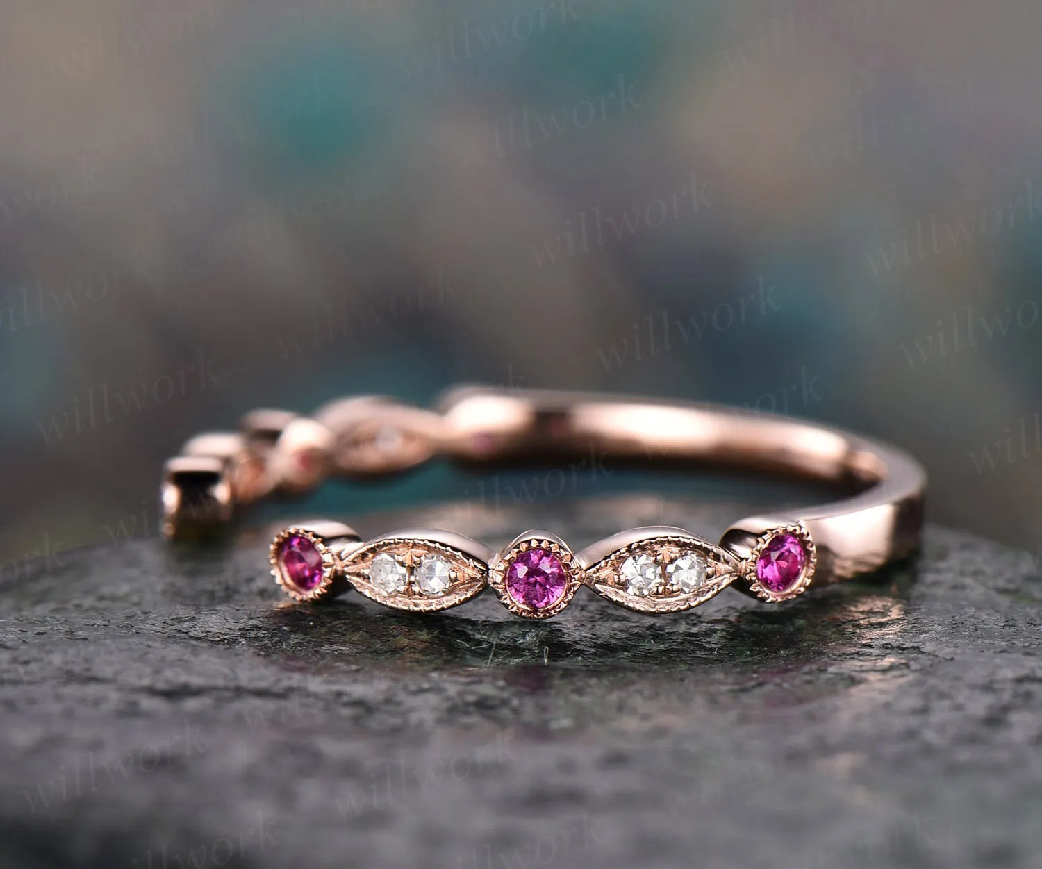 Natural ruby diamond wedding band 14k rose gold real diamond stacking matching wedding half eternity Migrain open gap art deco ring band sold by Willwork Jewelry product image thumbnail 3