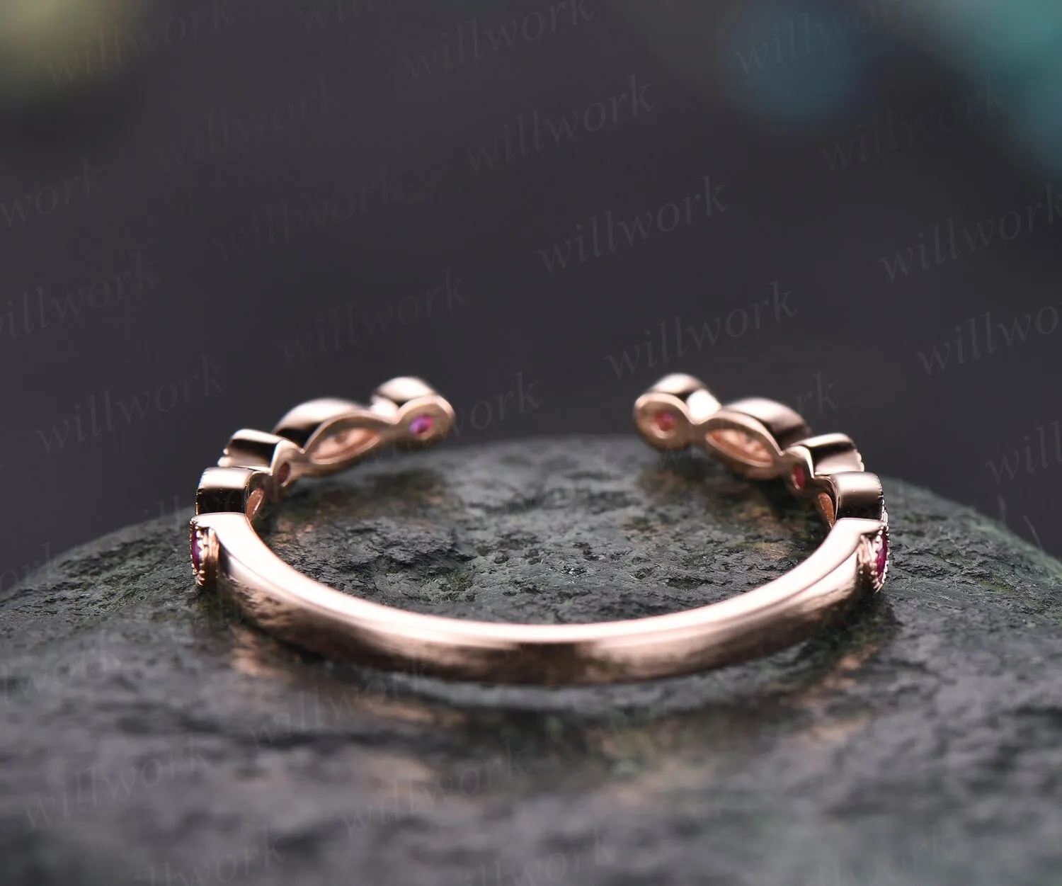 Natural ruby diamond wedding band 14k rose gold real diamond stacking matching wedding half eternity Migrain open gap art deco ring band sold by Willwork Jewelry product image thumbnail 5