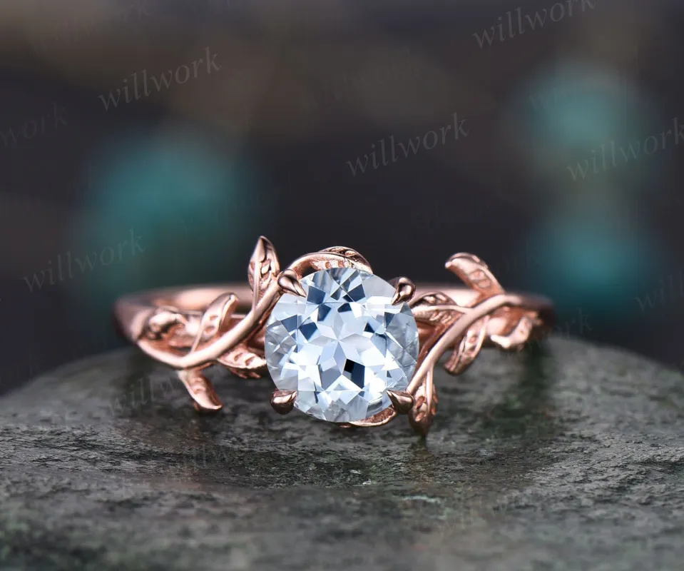 Vintage aquamarine ring for women unique round aquamarine engagement ring leaf flower rose gold solitaire ring antique dainty wedding ring sold by Willwork Jewelry