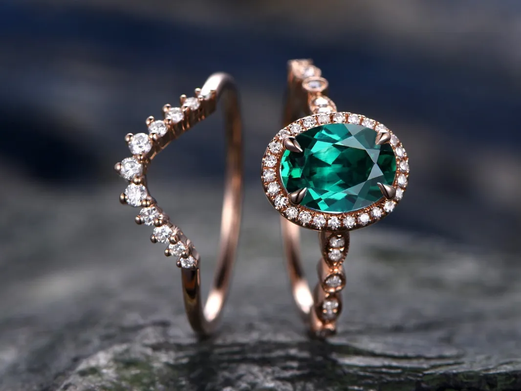 2pcs emerald bridal ring set green emerald engagement ring set rose gold marquise diamond halo ring moissanite crown wedding ring band gift sold by Willwork Jewelry