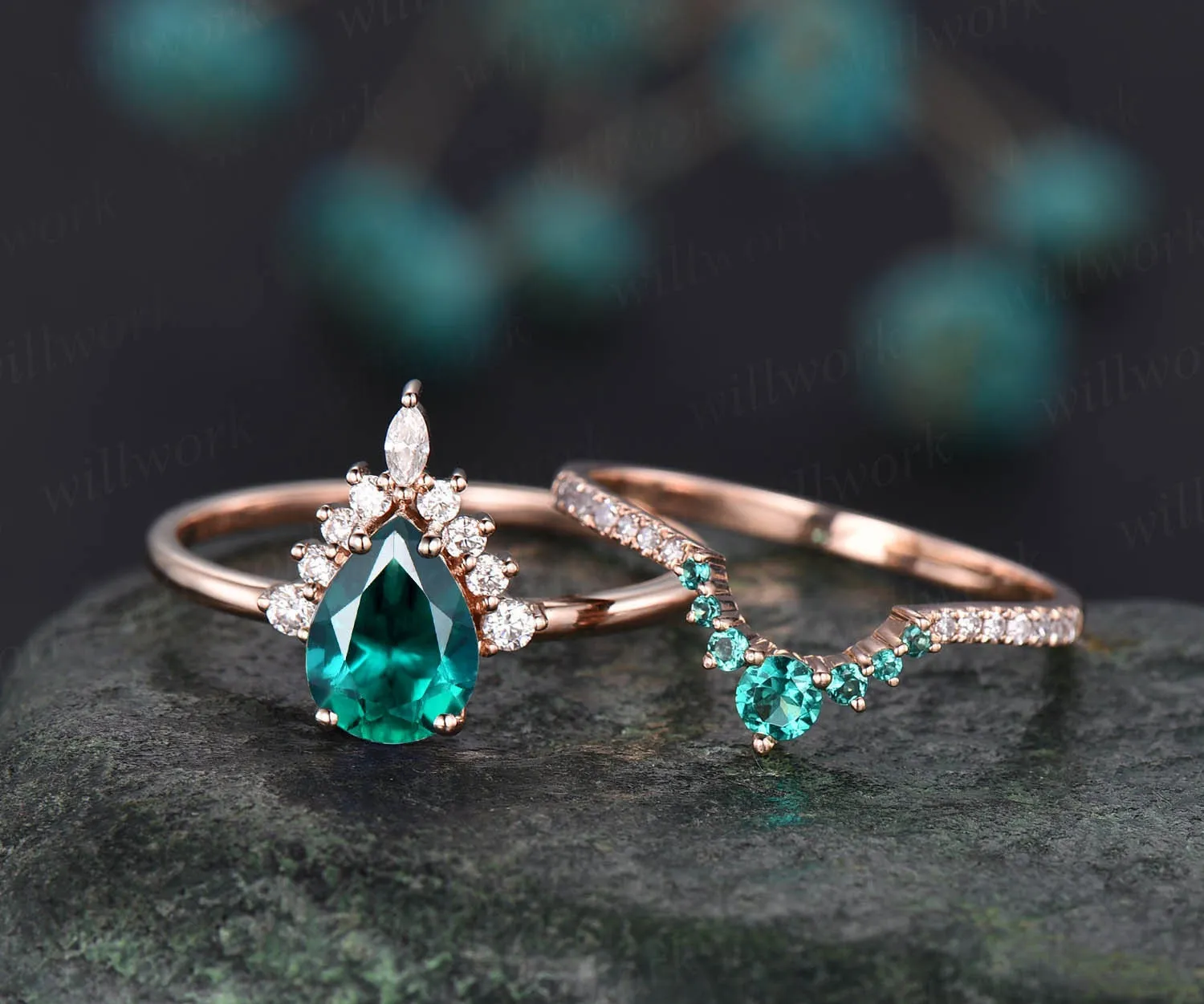 Rose gold ring set emerald bridal set 2pcs pear cut emerald engagement ring set moissanite ring crown marquise unique vintage ring band sold by Willwork Jewelry product image thumbnail 4