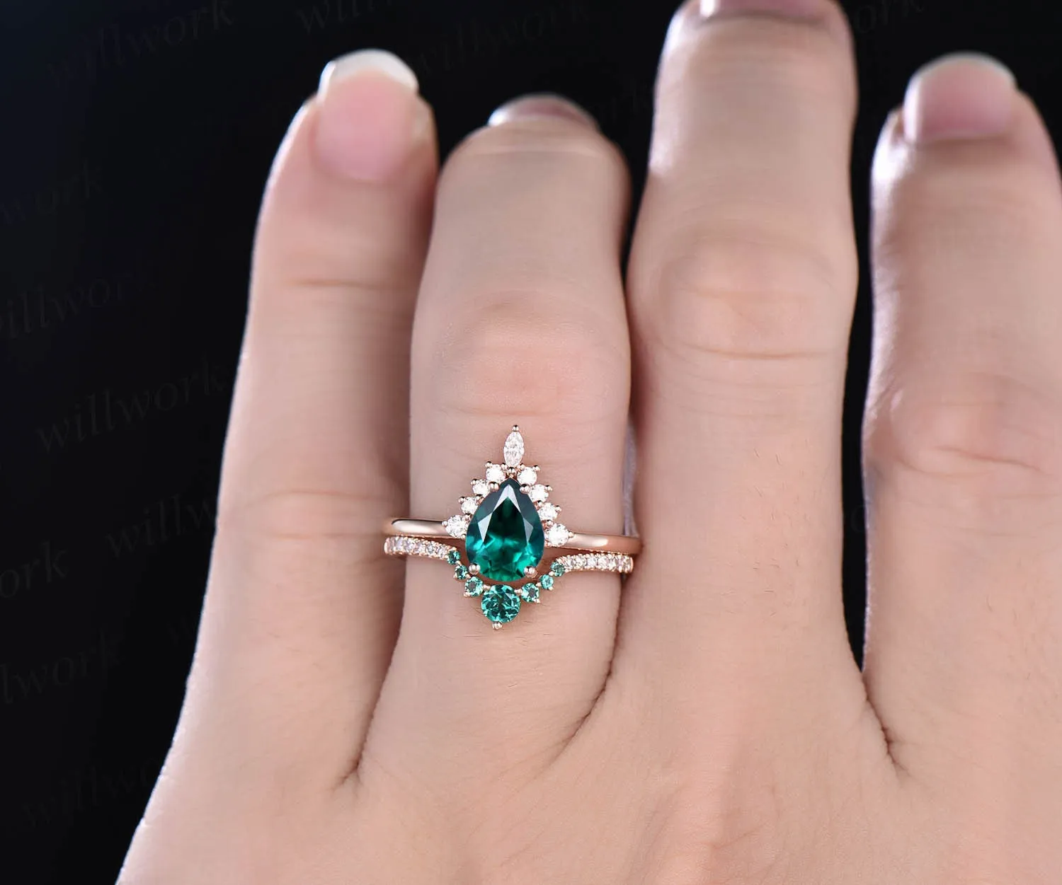 Rose gold ring set emerald bridal set 2pcs pear cut emerald engagement ring set moissanite ring crown marquise unique vintage ring band sold by Willwork Jewelry product image thumbnail 2