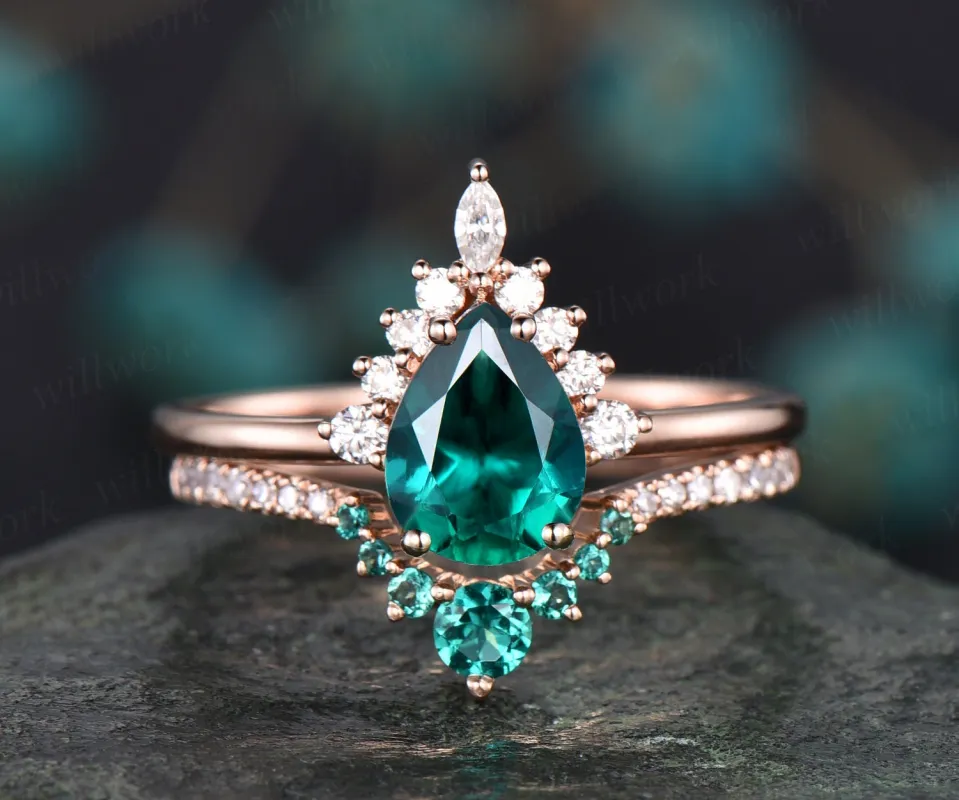 Rose gold ring set emerald bridal set 2pcs pear cut emerald engagement ring set moissanite ring crown marquise unique vintage ring band sold by Willwork Jewelry