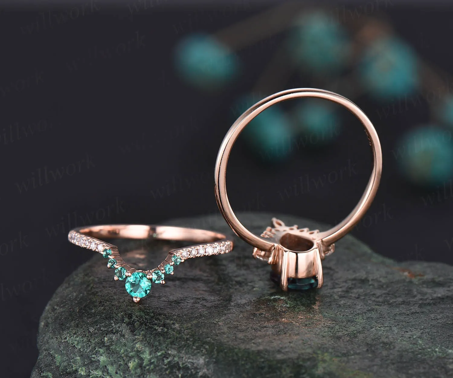 Rose gold ring set emerald bridal set 2pcs pear cut emerald engagement ring set moissanite ring crown marquise unique vintage ring band sold by Willwork Jewelry product image thumbnail 5