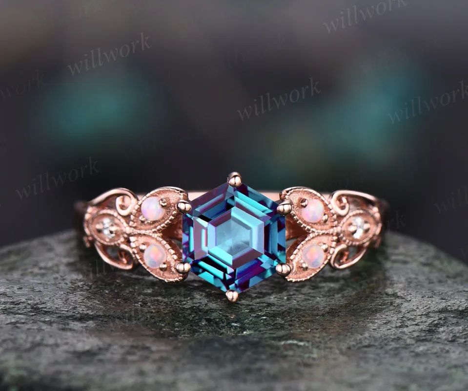 Vintage hexagon cut Alexandrite engagement ring butterfly flower unique rose gold engagement ring opal ring Milgrain diamond ring for women sold by Willwork Jewelry