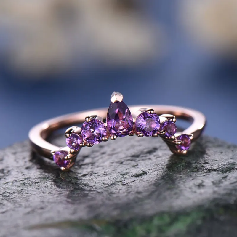 Natural amethyst wedding ring band 14k rose gold unique half eternity vintage petite curved crown matching promise engagement bridal ring sold by Willwork Jewelry