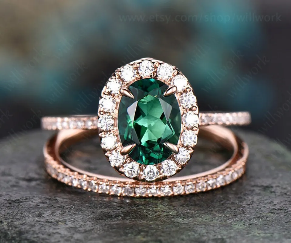 2pc oval cut emerald engagement ring set 14k rose gold moissanite halo ring vintage matching stacking for women her bridal wedding ring set sold by Willwork Jewelry