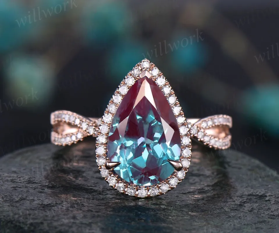 8x12mm pear shaped Alexandrite engagement ring vintage infinity diamond ring color change stone ring for women dainty jewelry bridal gift made by Willwork Jewelry