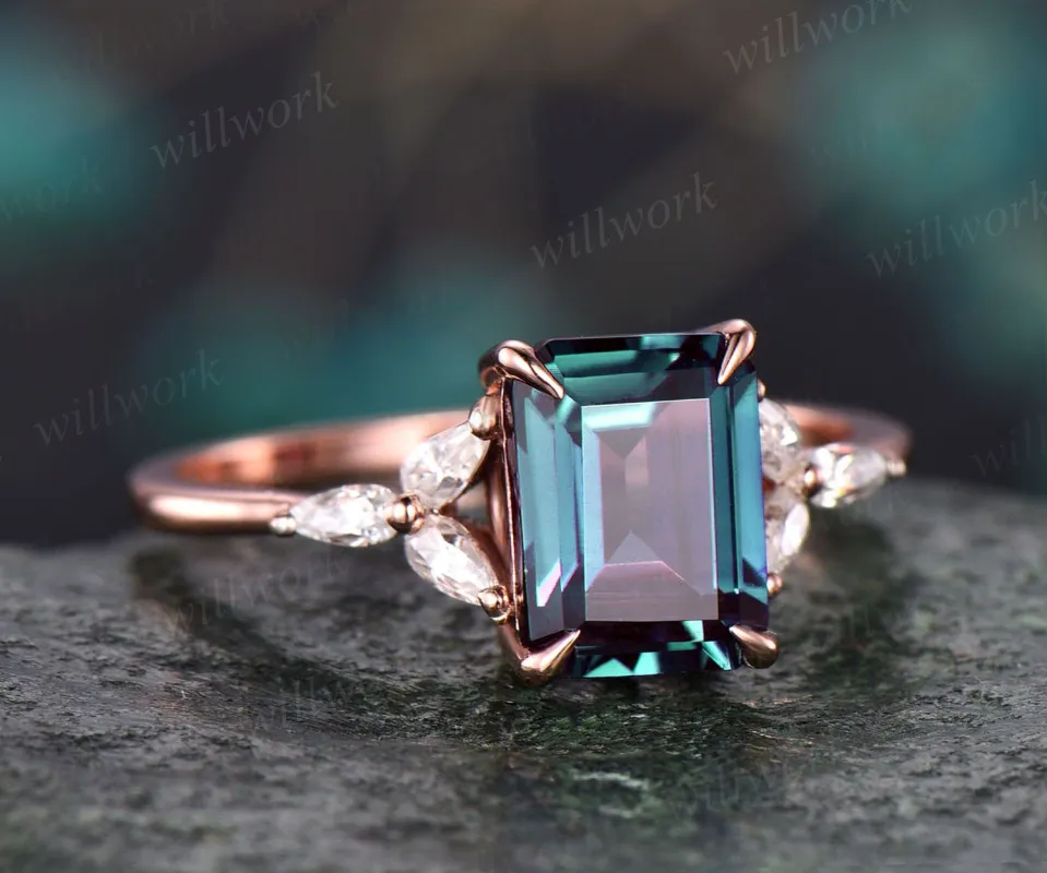 Unique vintage emerald cut engagement ring Alexandrite engagement ring pear moissanite ring rose gold women custom jewelry birthstone ring sold by Willwork Jewelry