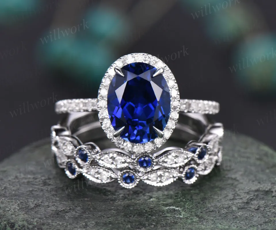 Oval 7x9mm sapphire ring set vintage sapphire engagement ring set diamond natural sapphire ring set white gold September birthstone ring made by Willwork Jewelry