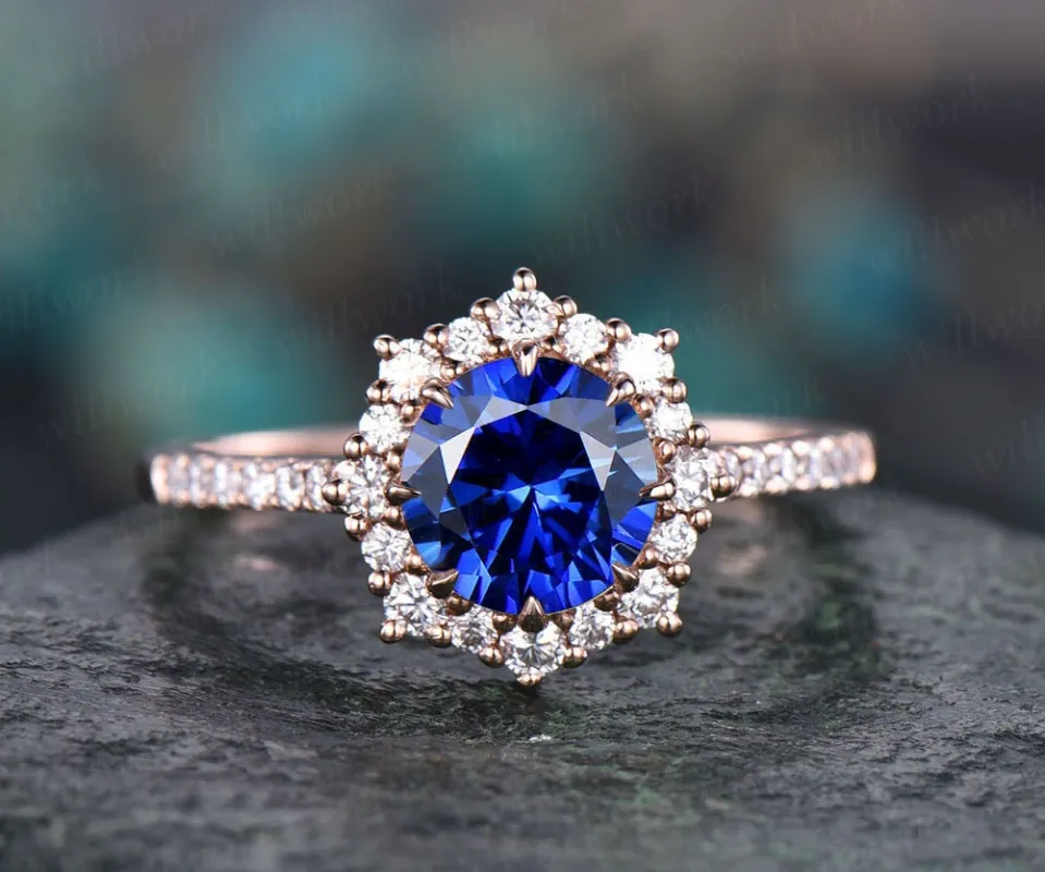 Round halo cluster blue sapphire engagement ring 14k rose gold ring moissanite ring band sapphire ring gold women vintage gold jewelry gift sold by Willwork Jewelry