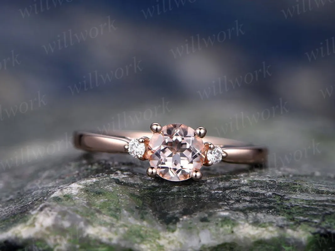 Morganite engagement ring solid 14k rose gold three stone ring real diamond ring unique vintage gift wedding bridal promise anniversary ring sold by Willwork Jewelry