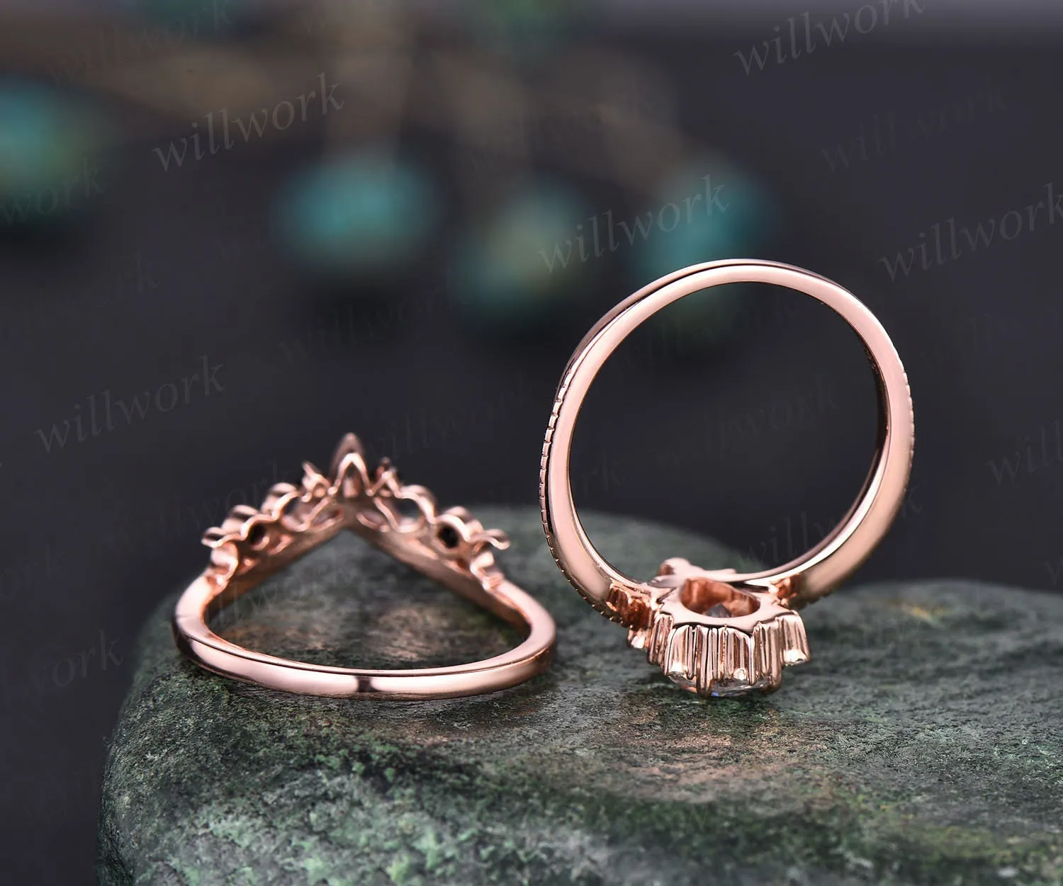 Vintage pear shaped blue sandstone engagement ring set rose gold cluster moissanite ring black diamond ring unique wedding ring set women sold by Willwork Jewelry product image thumbnail 5
