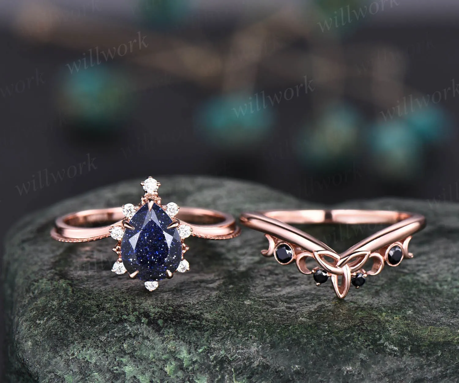 Vintage pear shaped blue sandstone engagement ring set rose gold cluster moissanite ring black diamond ring unique wedding ring set women sold by Willwork Jewelry product image thumbnail 4