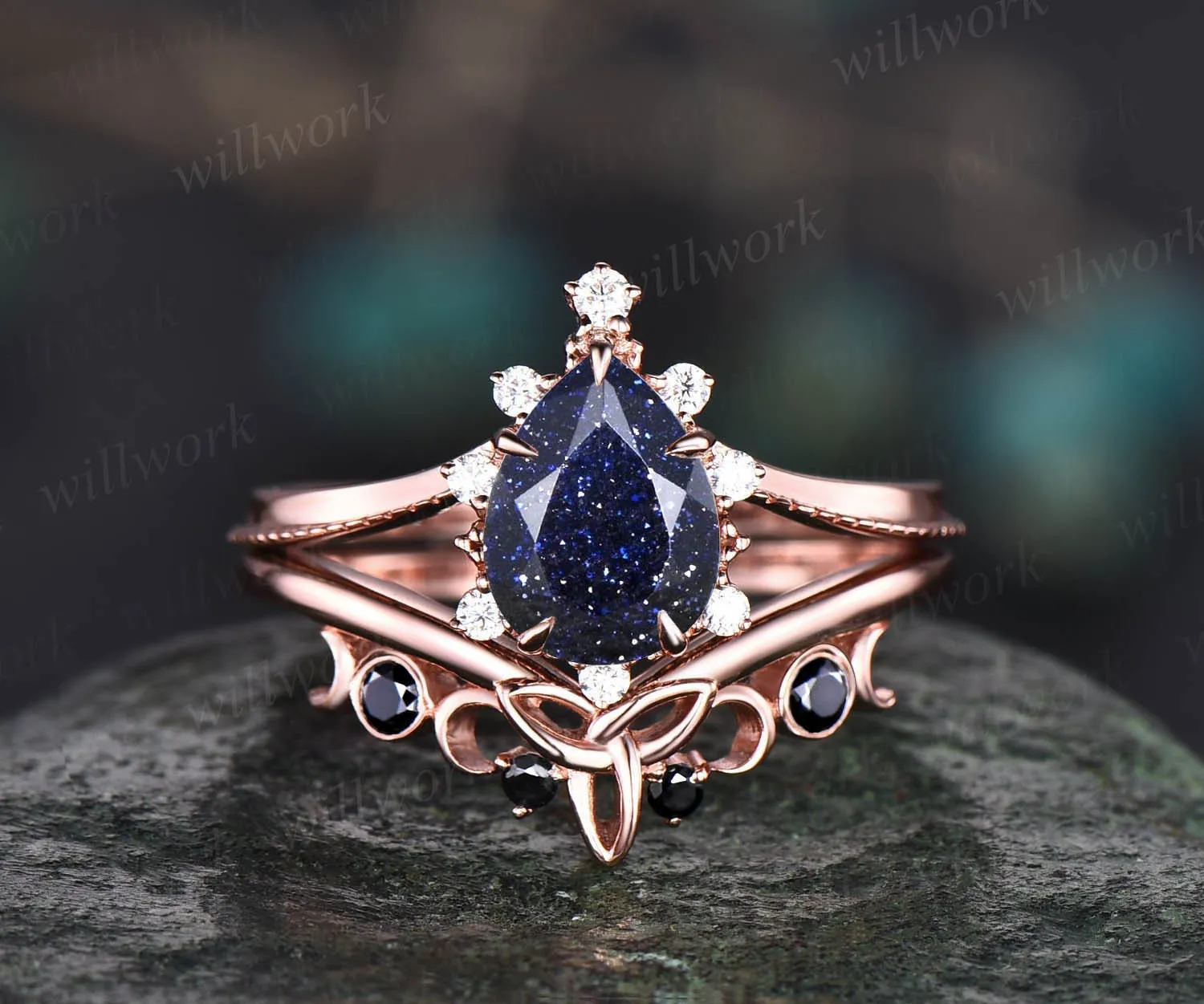 Vintage pear shaped blue sandstone engagement ring set rose gold cluster moissanite ring black diamond ring unique wedding ring set women sold by Willwork Jewelry