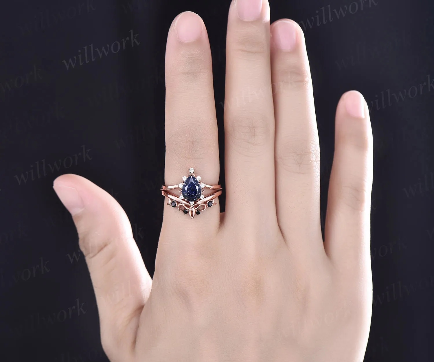 Vintage pear shaped blue sandstone engagement ring set rose gold cluster moissanite ring black diamond ring unique wedding ring set women sold by Willwork Jewelry product image thumbnail 2