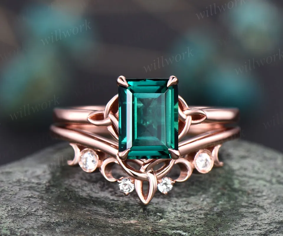Emerald cut emerald engagement ring set rose gold solitaire unique vintage engagement ring emerald ring for women bridal wedding ring set made by Willwork Jewelry