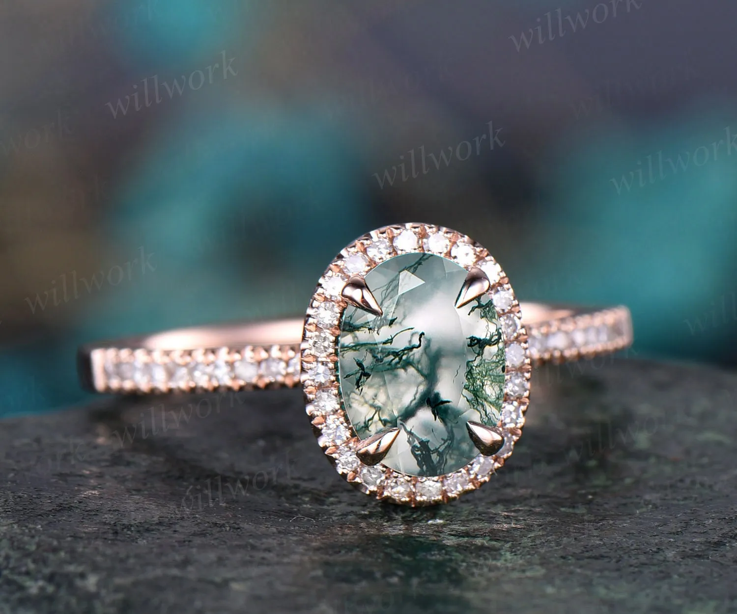 Diamond halo engagement ring vintage moss agate engagement ring rose gold ring for women jewelry eternity ring green stone ring bridal ring sold by Willwork Jewelry product image thumbnail 3