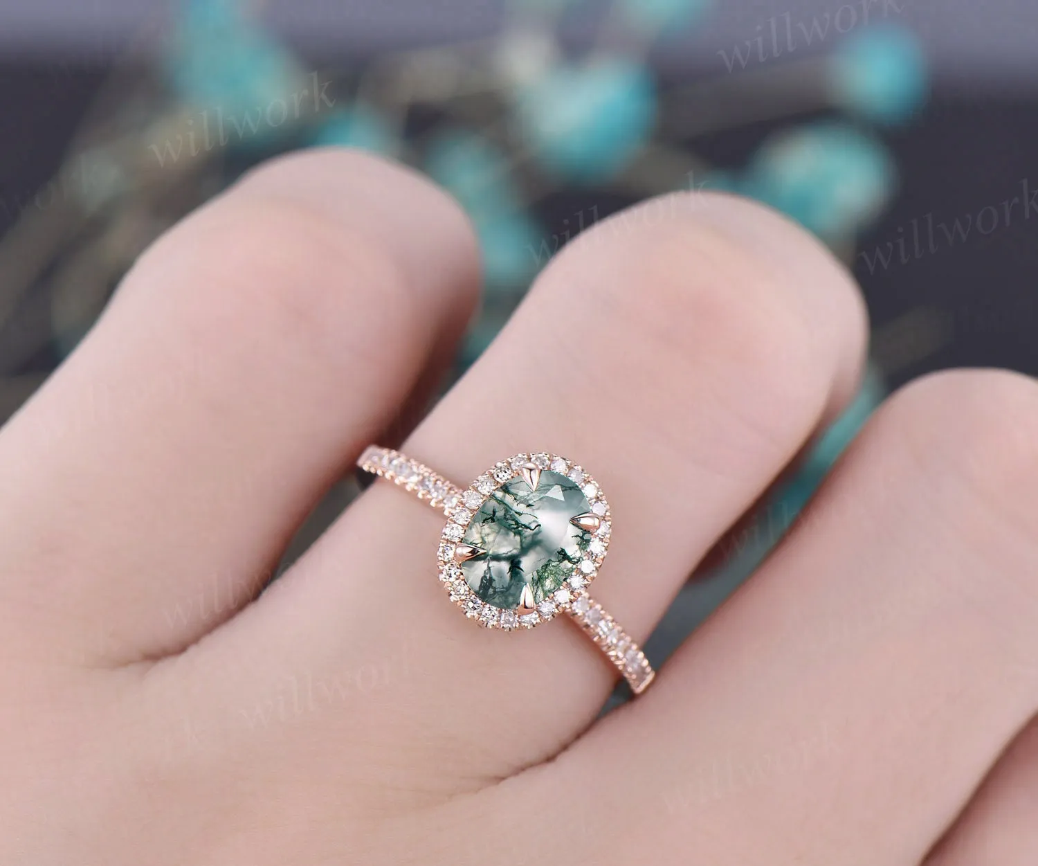 Diamond halo engagement ring vintage moss agate engagement ring rose gold ring for women jewelry eternity ring green stone ring bridal ring sold by Willwork Jewelry product image thumbnail 2