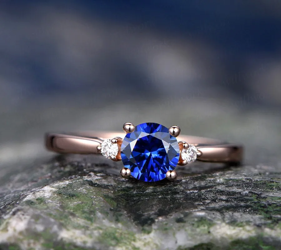 Three stone sapphire engagement ring rose gold sapphire ring vintage gold diamond ring September birthstone wedding bridal promise ring gift sold by Willwork Jewelry