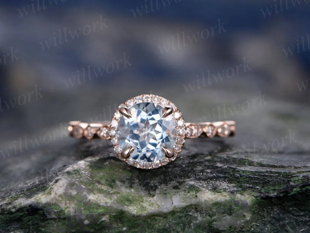 Blue aquamarine engagement ring solid 14k rose gold handmade diamond halo ring round art deco antique unique wedding bridal promise ring sold by Willwork Jewelry