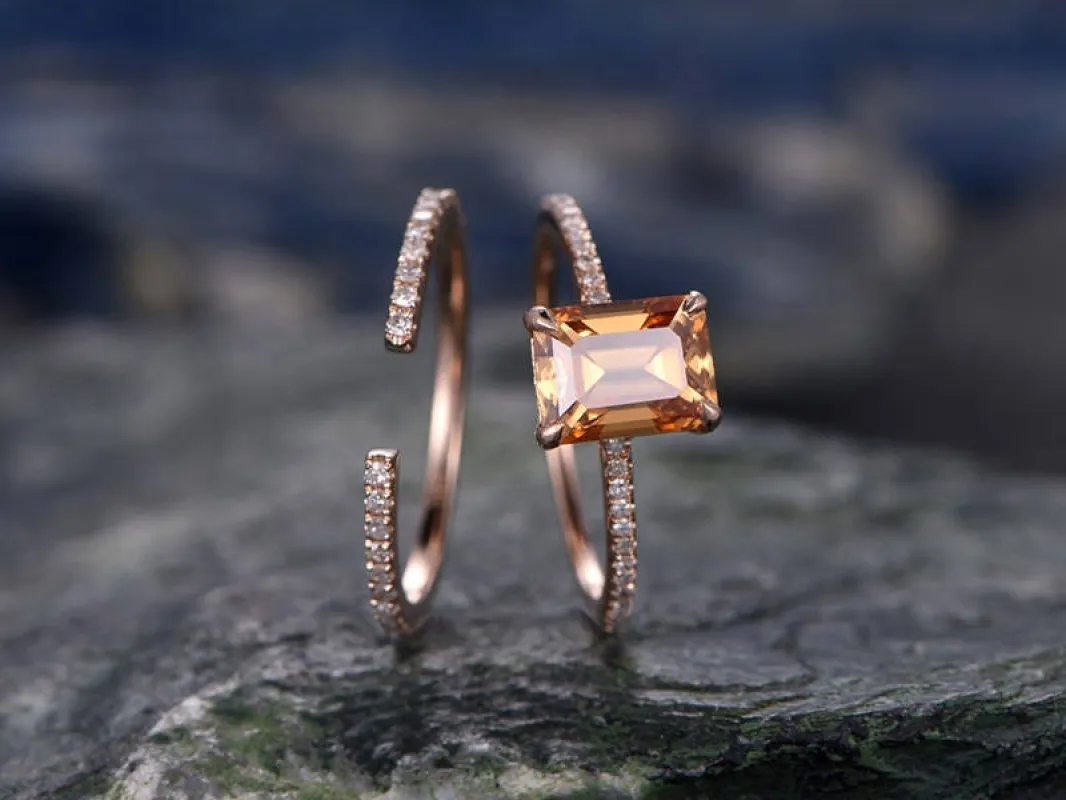 Citrine engagement ring set-Solid 14k rose gold-handmade Diamond Wedding ring-2PC Stacking ring-6x8mm emerald cut gemstone-yellow birthstone made by Willwork Jewelry