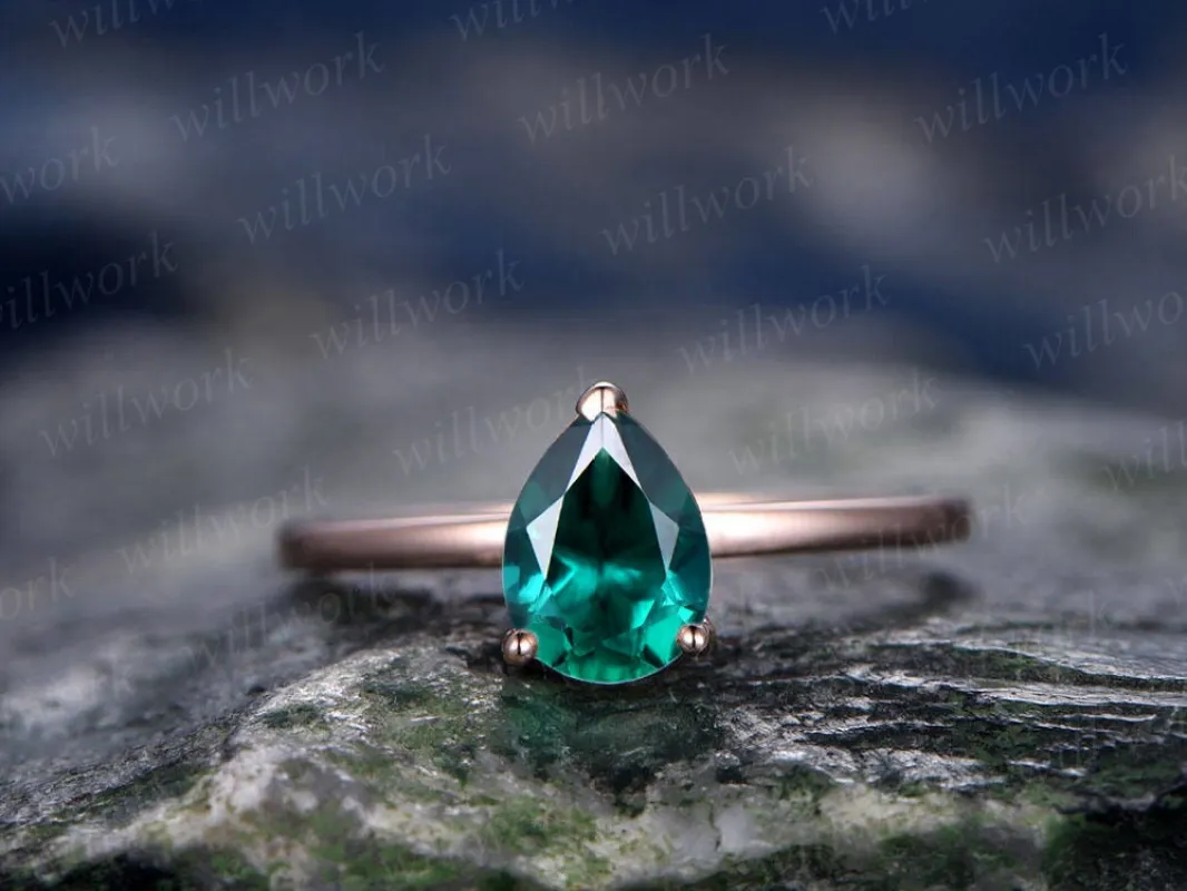 Emerald engagement ring solitaire tear drop emerald ring vintage solid 14k rose gold ring May birthstone wedding women promise bridal ring sold by Willwork Jewelry