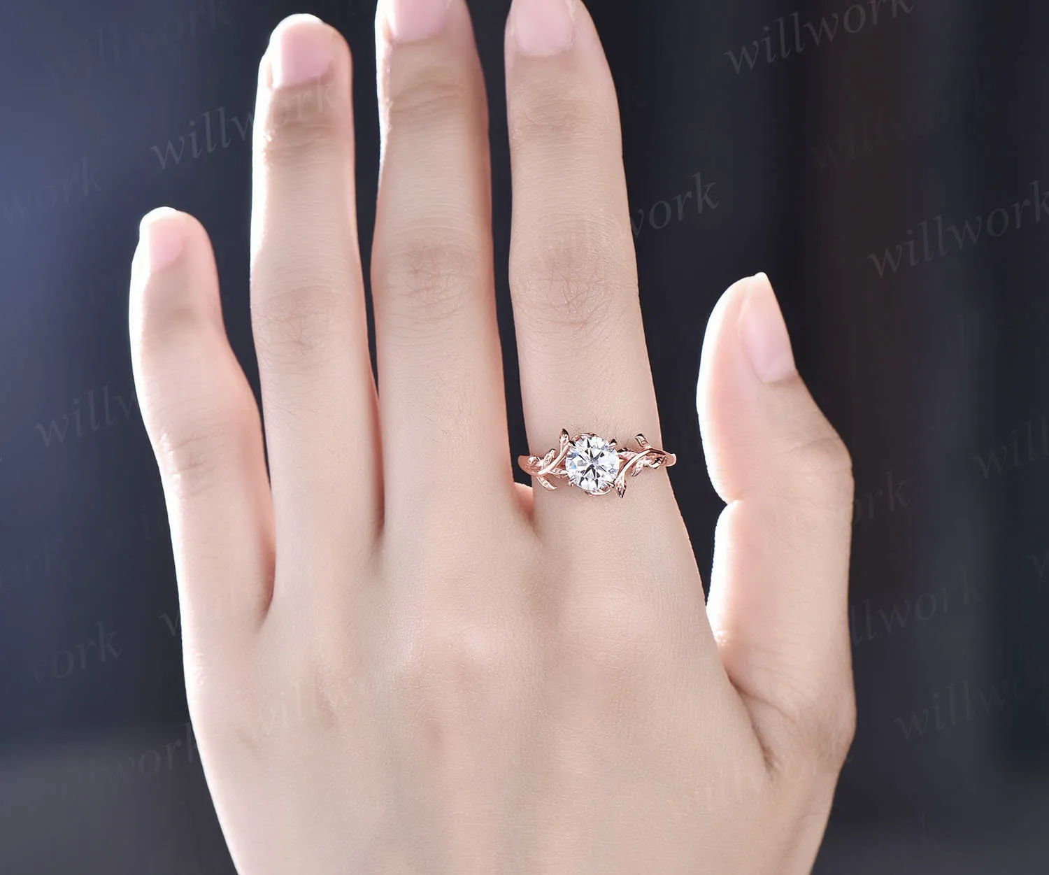 Vintage moissanite engagement ring for women rose gold art deco leaf flower ring unique solitaire bridal ring round cut ring wedding ring sold by Willwork Jewelry product image thumbnail 4