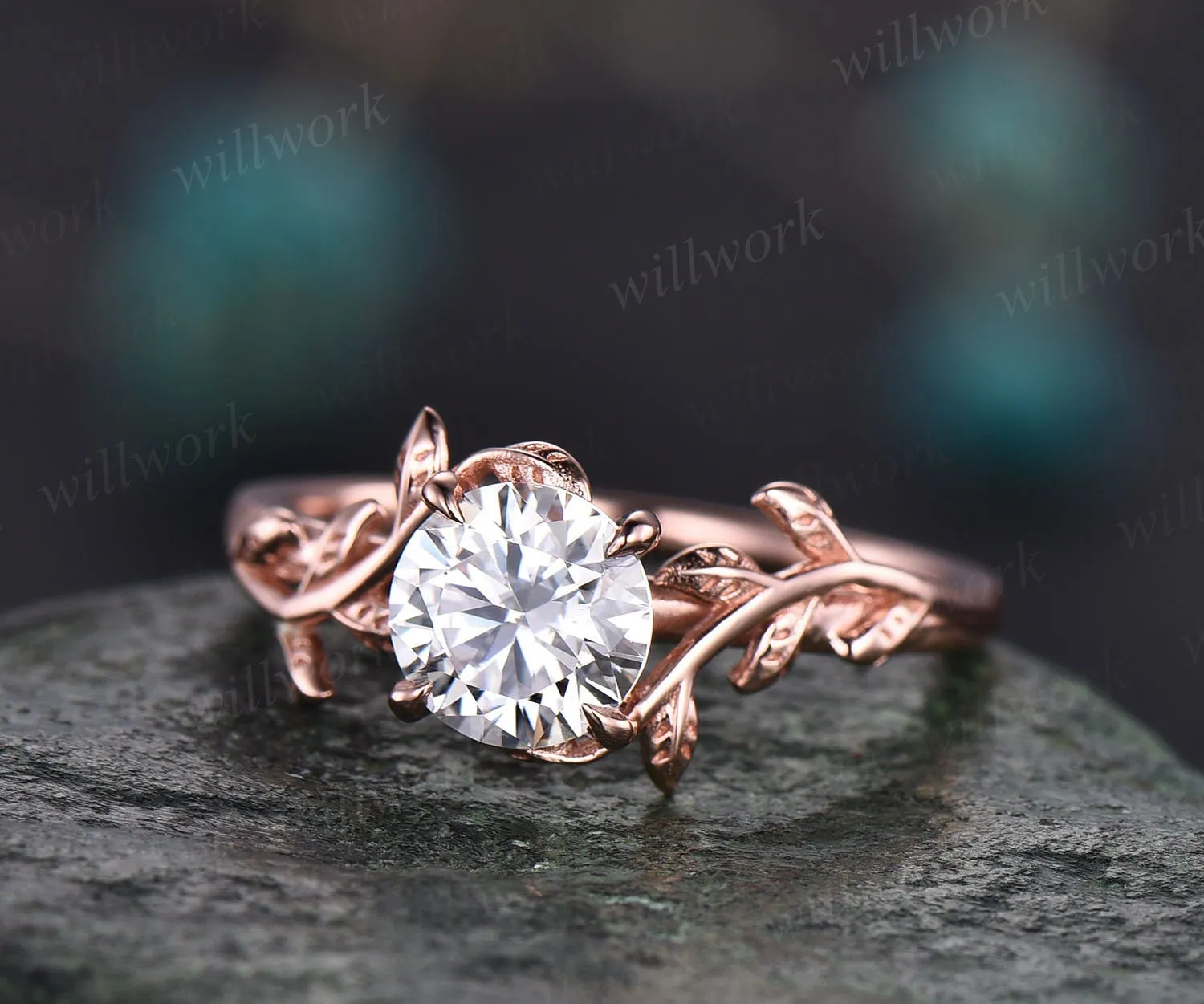 Vintage moissanite engagement ring for women rose gold art deco leaf flower ring unique solitaire bridal ring round cut ring wedding ring sold by Willwork Jewelry product image thumbnail 3