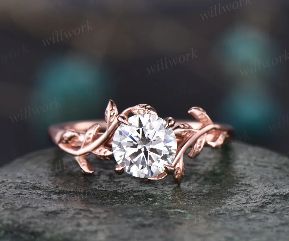 Vintage moissanite engagement ring for women rose gold art deco leaf flower ring unique solitaire bridal ring round cut ring wedding ring sold by Willwork Jewelry