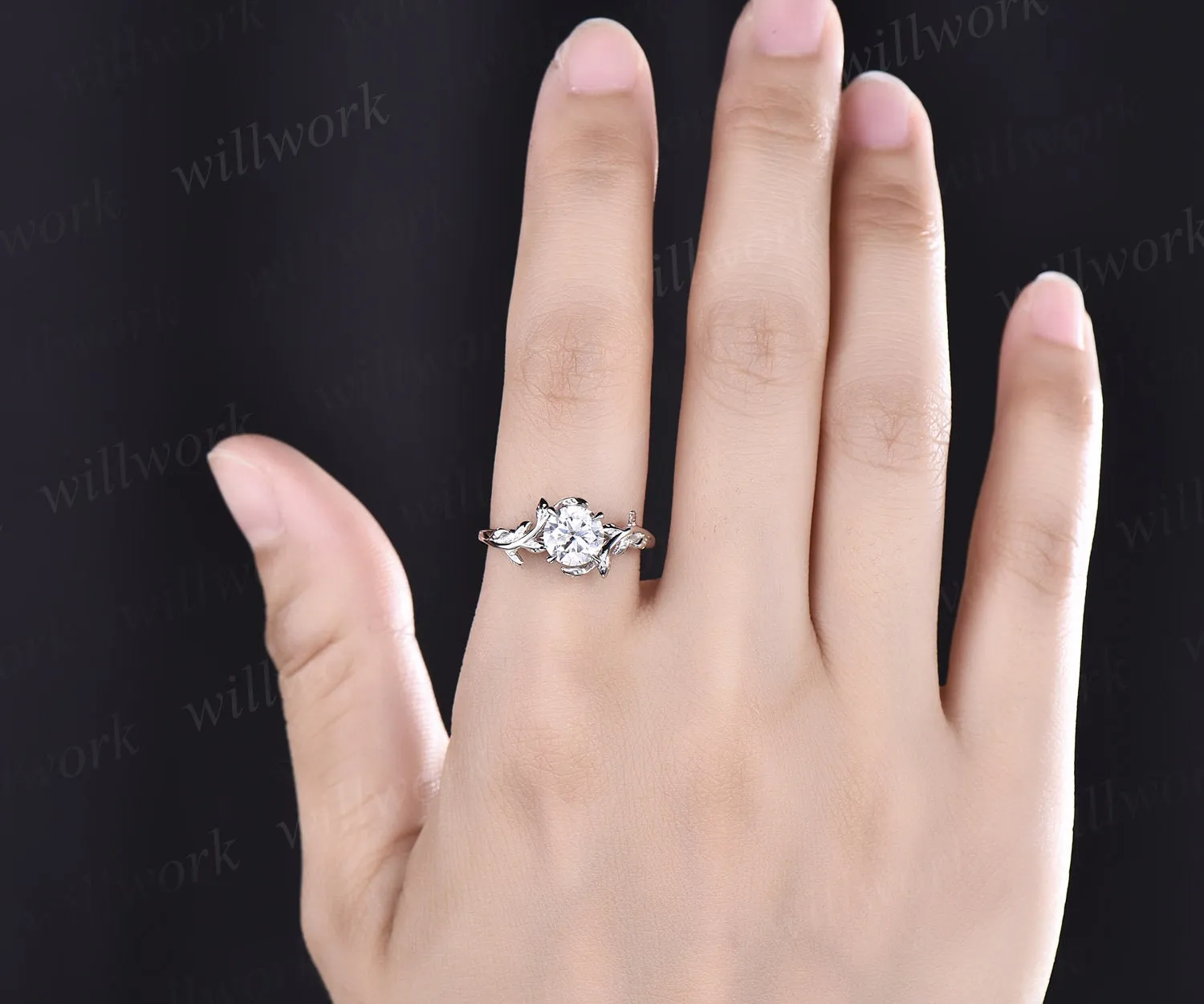 Vintage moissanite engagement ring for women rose gold art deco leaf flower ring unique solitaire bridal ring round cut ring wedding ring sold by Willwork Jewelry product image thumbnail 2