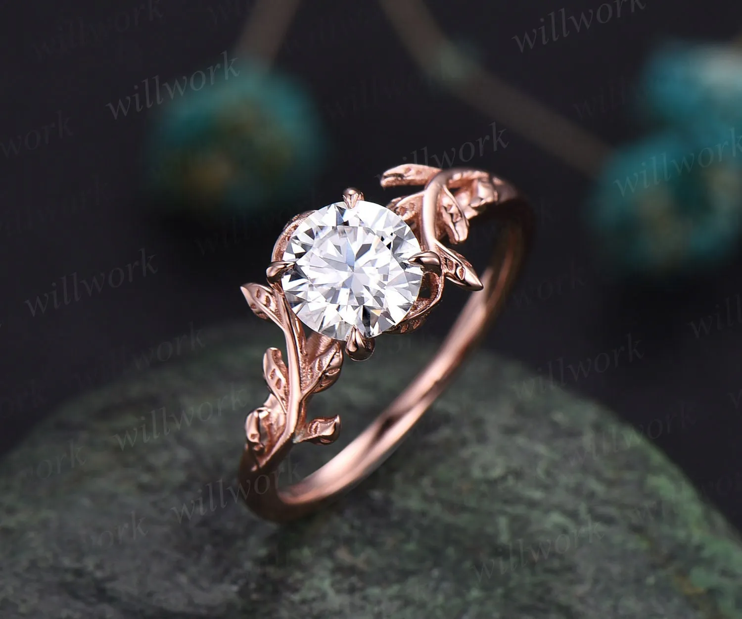Vintage moissanite engagement ring for women rose gold art deco leaf flower ring unique solitaire bridal ring round cut ring wedding ring sold by Willwork Jewelry product image thumbnail 5