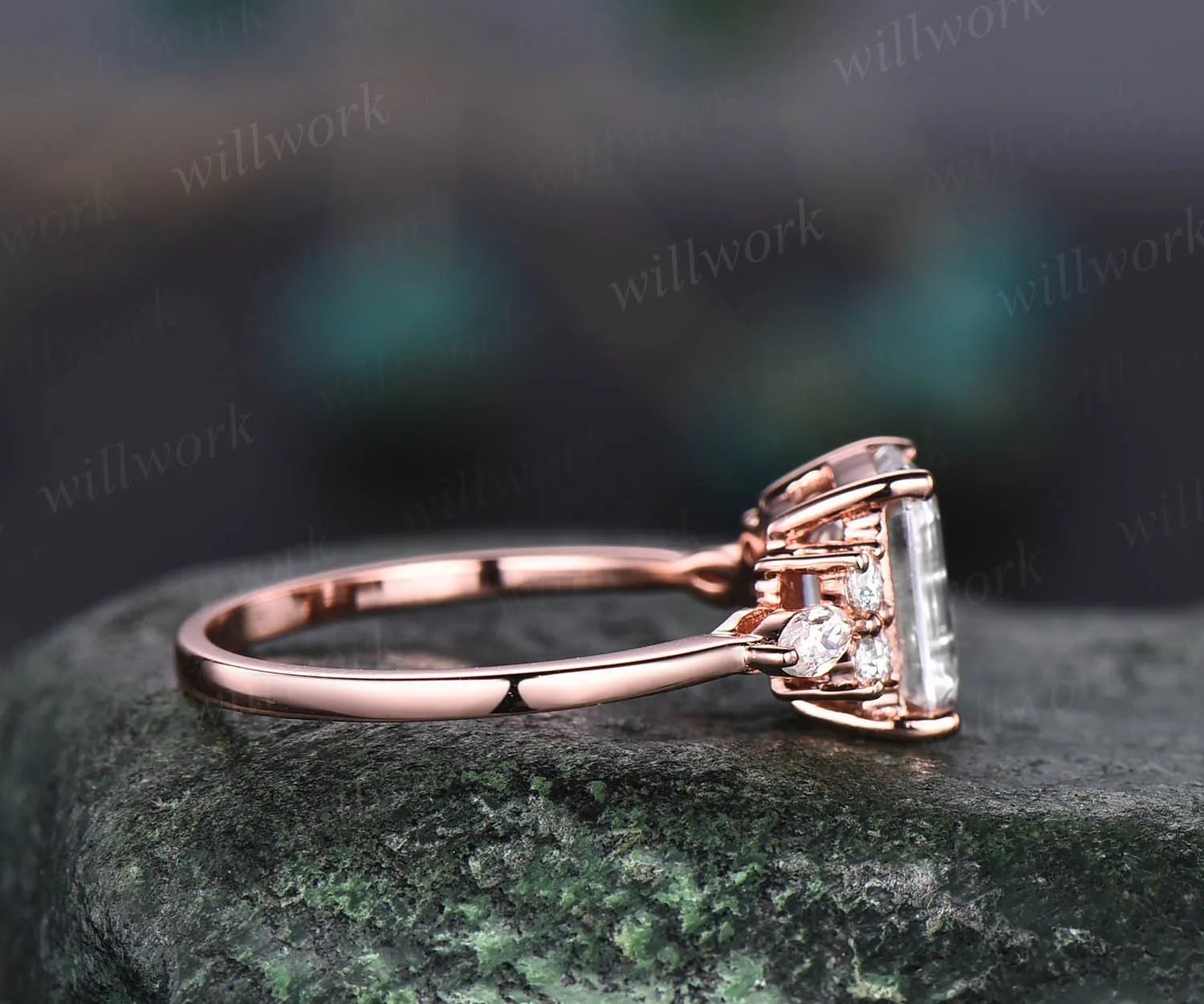 Vintage unique emerald cut moissanite engagement ring 14k rose gold art deco 7 stone marquise cut moissanite promise wedding ring for women sold by Willwork Jewelry product image thumbnail 4