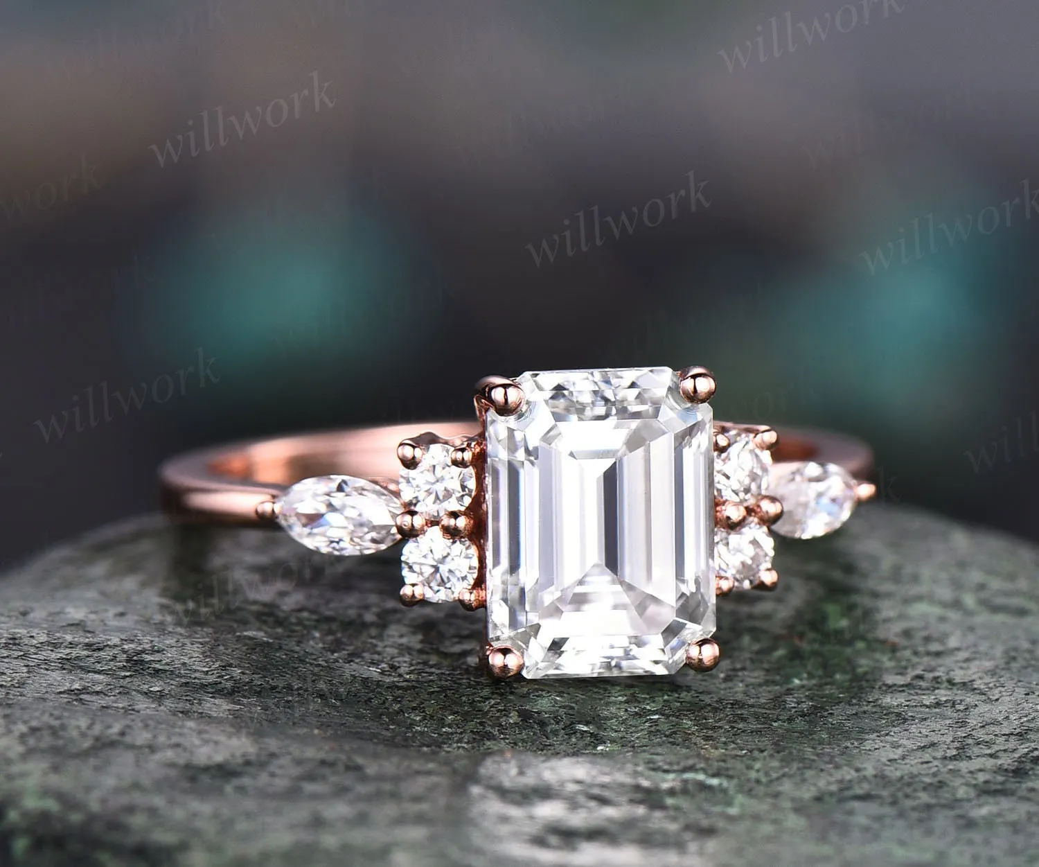 Vintage unique emerald cut moissanite engagement ring 14k rose gold art deco 7 stone marquise cut moissanite promise wedding ring for women sold by Willwork Jewelry product image thumbnail 3