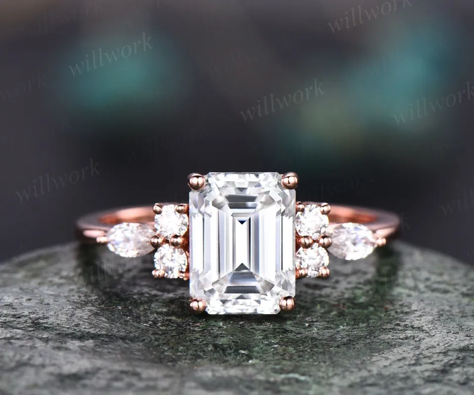 Vintage unique emerald cut moissanite engagement ring 14k rose gold art deco 7 stone marquise cut moissanite promise wedding ring for women sold by Willwork Jewelry