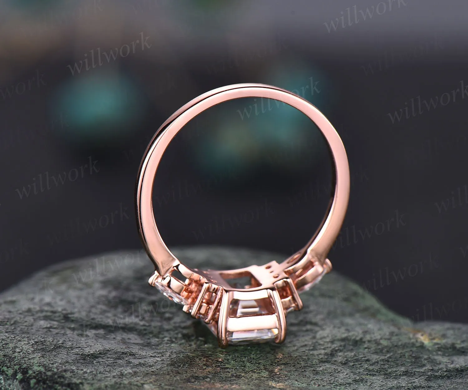 Vintage unique emerald cut moissanite engagement ring 14k rose gold art deco 7 stone marquise cut moissanite promise wedding ring for women sold by Willwork Jewelry product image thumbnail 5