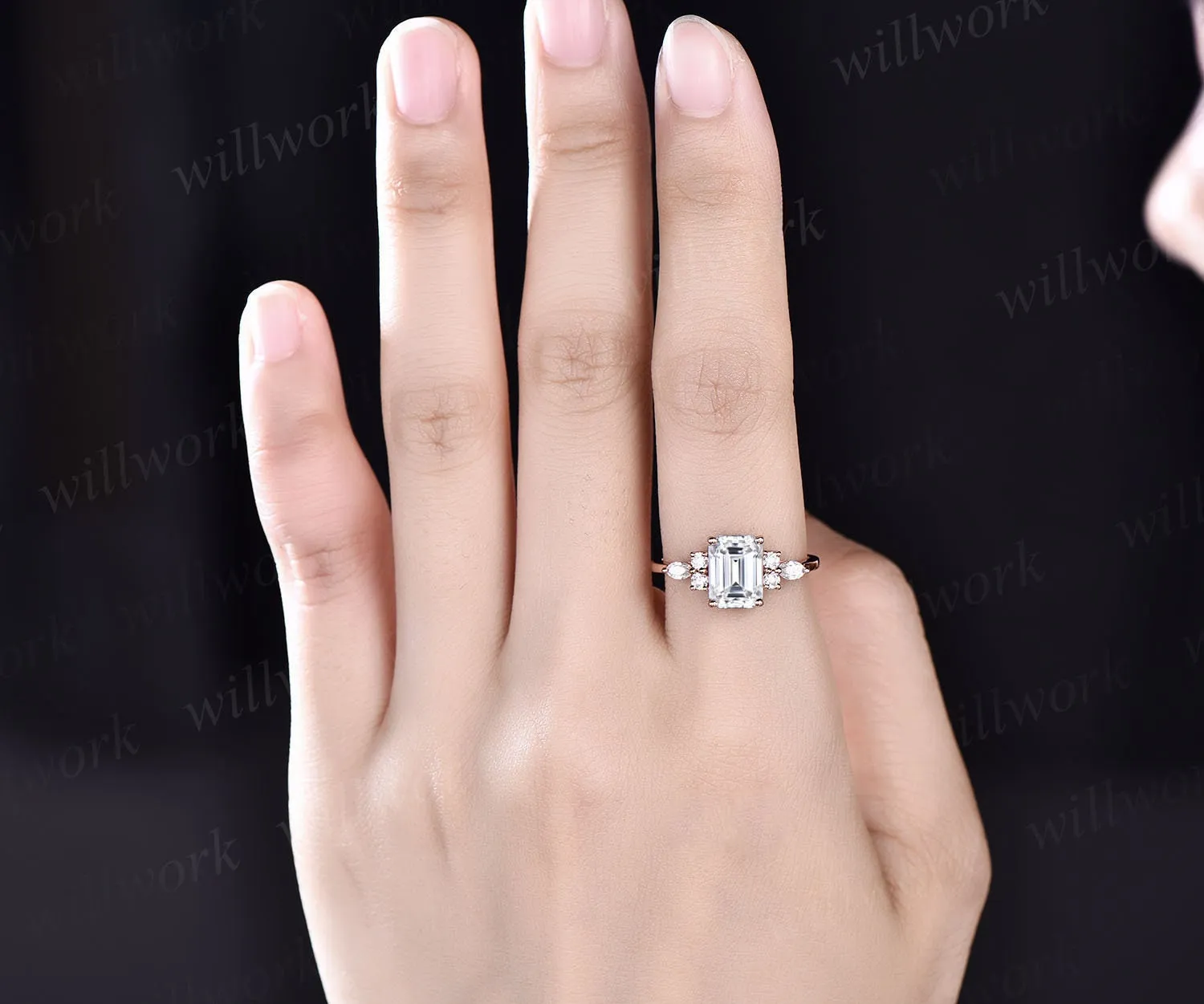 Vintage unique emerald cut moissanite engagement ring 14k rose gold art deco 7 stone marquise cut moissanite promise wedding ring for women sold by Willwork Jewelry product image thumbnail 2