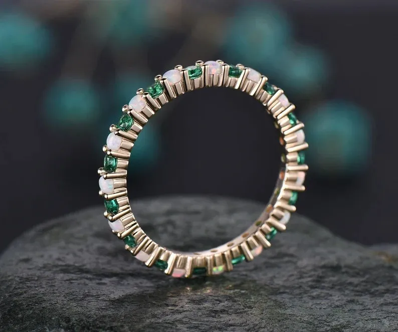 Opal ring vintage emerald ring gold full eternity opal emerald wedding ring band May birthstone matching stacking ring unique jewelry gift sold by Willwork Jewelry product image thumbnail 3