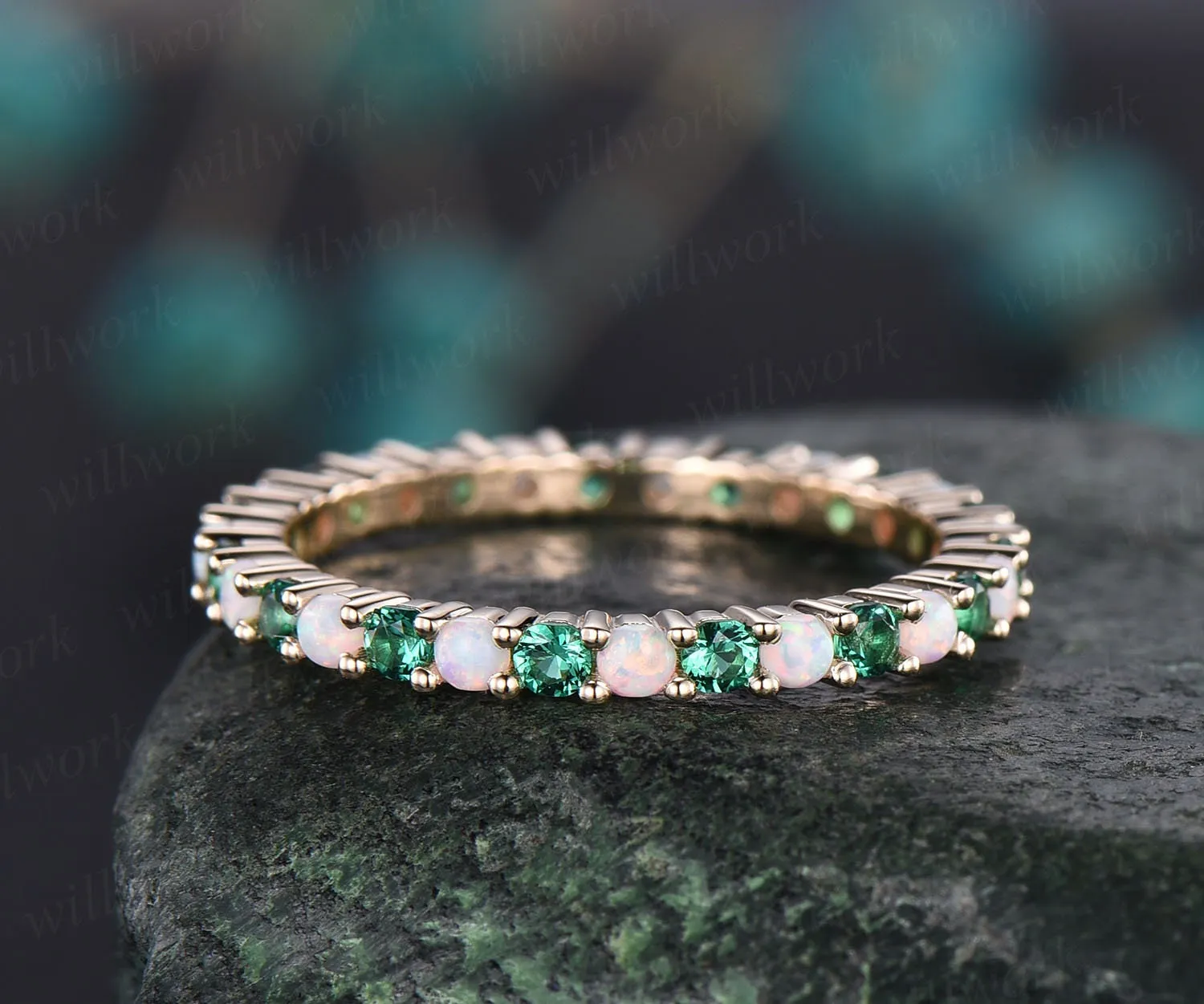 Opal ring vintage emerald ring gold full eternity opal emerald wedding ring band May birthstone matching stacking ring unique jewelry gift sold by Willwork Jewelry