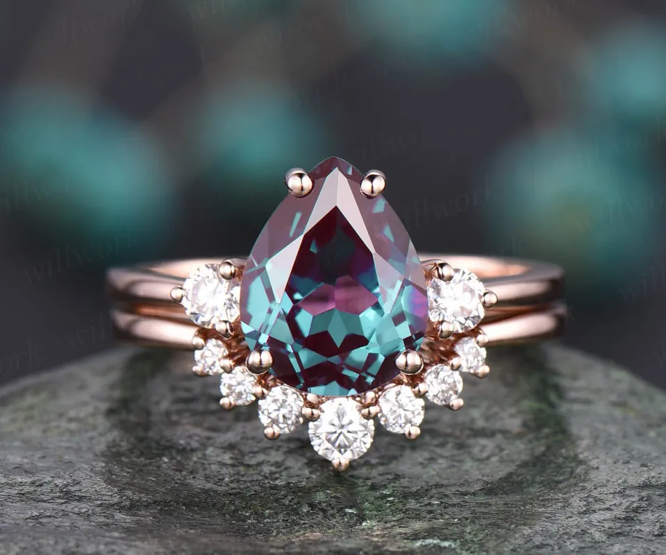 2pcs 8x10mm Pear Alexandrite Ring Set Three Stone Alexandrite Engagement Ring Set Rose Gold Moissanite Wedding Bridal Ring Set Anniversary sold by Willwork Jewelry