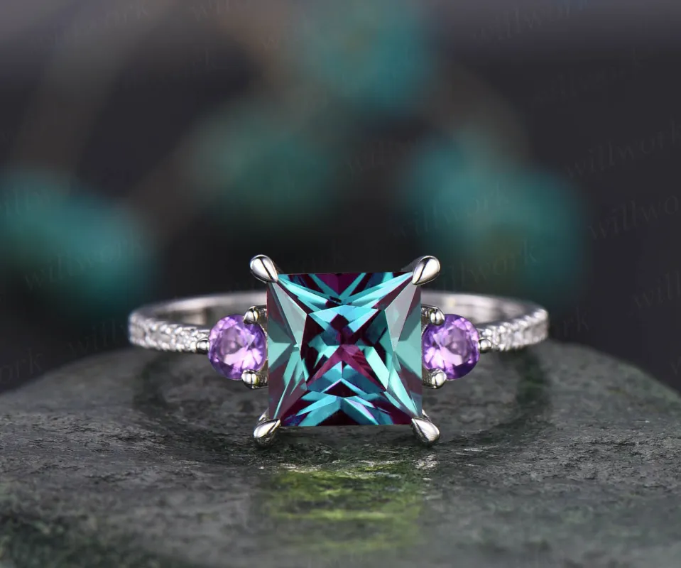 Princess cut engagement ring three stone amethyst ring Alexandrite engagement ring white gold June birthstone ring real diamond ring jewelry sold by Willwork Jewelry