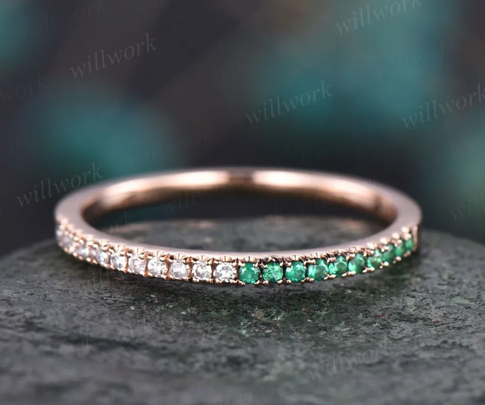 Vintage natural emerald ring for women rose gold ring unique emerald wedding band diamond wedding ring band birthday gift anniversary ring made by Willwork Jewelry