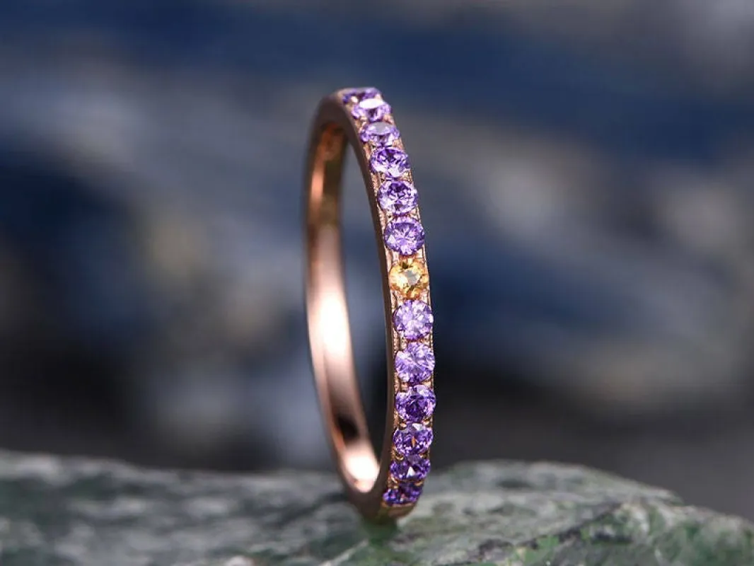 Natural 2mm Round Amethyst wedding ring with center Citrine-solid 14k Rose gold-handmade unique ring-halfeternity-Matching band-Birthstone sold by Willwork Jewelry