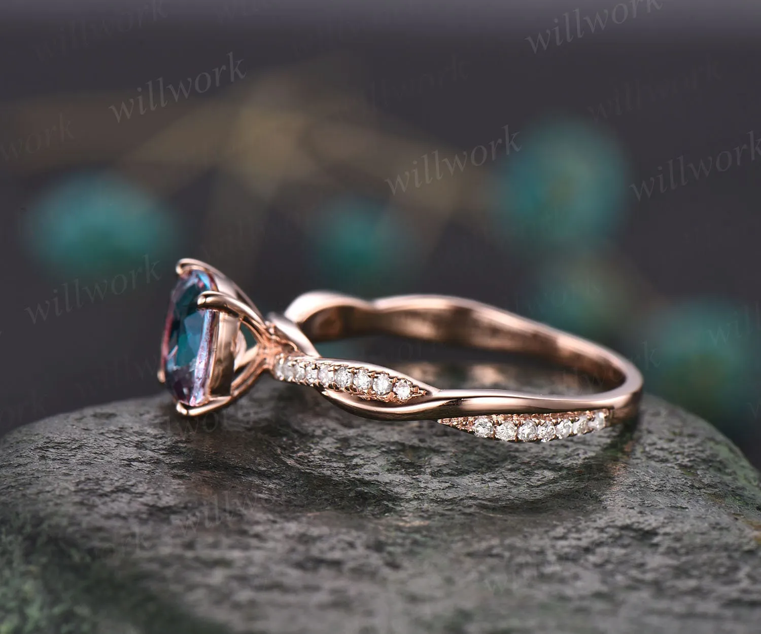 Cushion Alexandrite bridal ring vintage Alexandrite engagement ring rose gold ring for women infinity diamond ring color change stone ring sold by Willwork Jewelry product image thumbnail 4