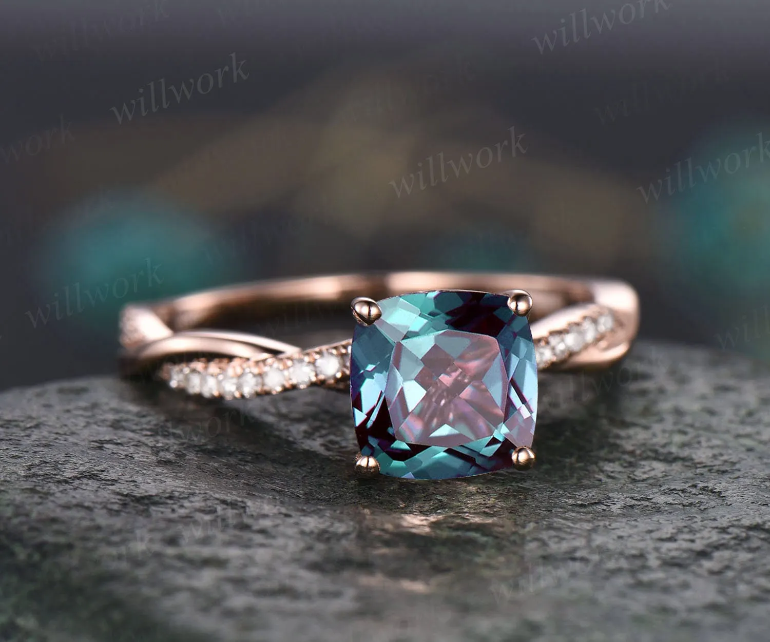 Cushion Alexandrite bridal ring vintage Alexandrite engagement ring rose gold ring for women infinity diamond ring color change stone ring sold by Willwork Jewelry product image thumbnail 3