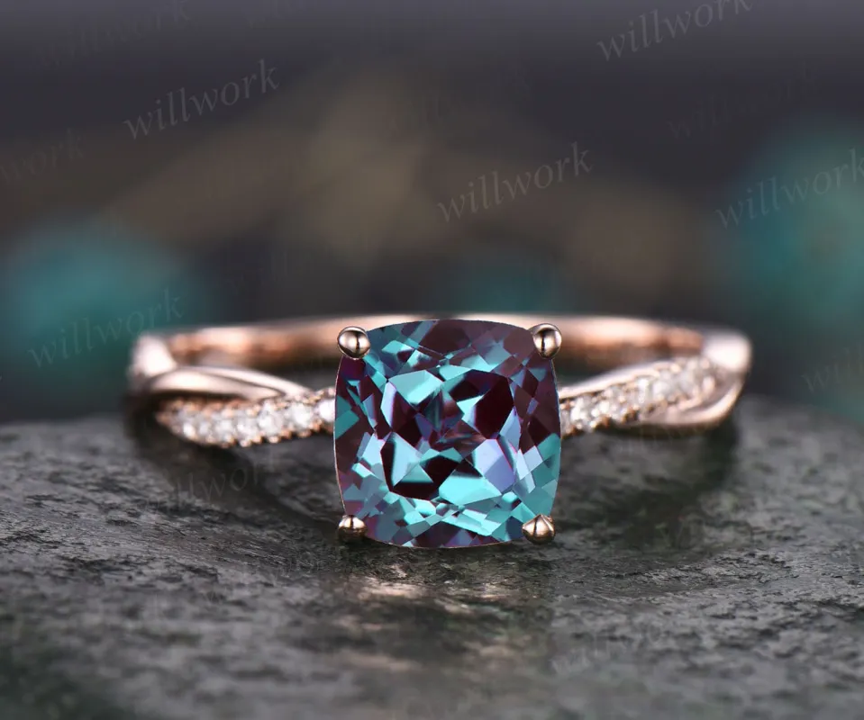 Cushion Alexandrite bridal ring vintage Alexandrite engagement ring rose gold ring for women infinity diamond ring color change stone ring sold by Willwork Jewelry