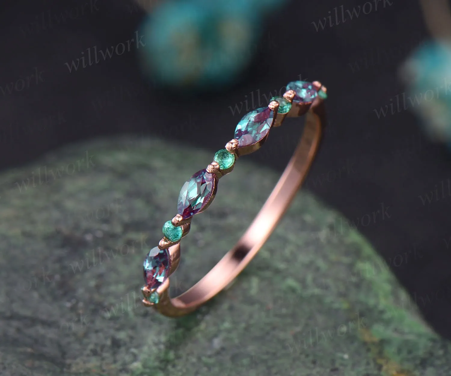 Marquise alexandrite wedding band Natural emerald ring for women vintage emerald wedding ring rose gold eternity bridal anniversary ring sold by Willwork Jewelry product image thumbnail 3