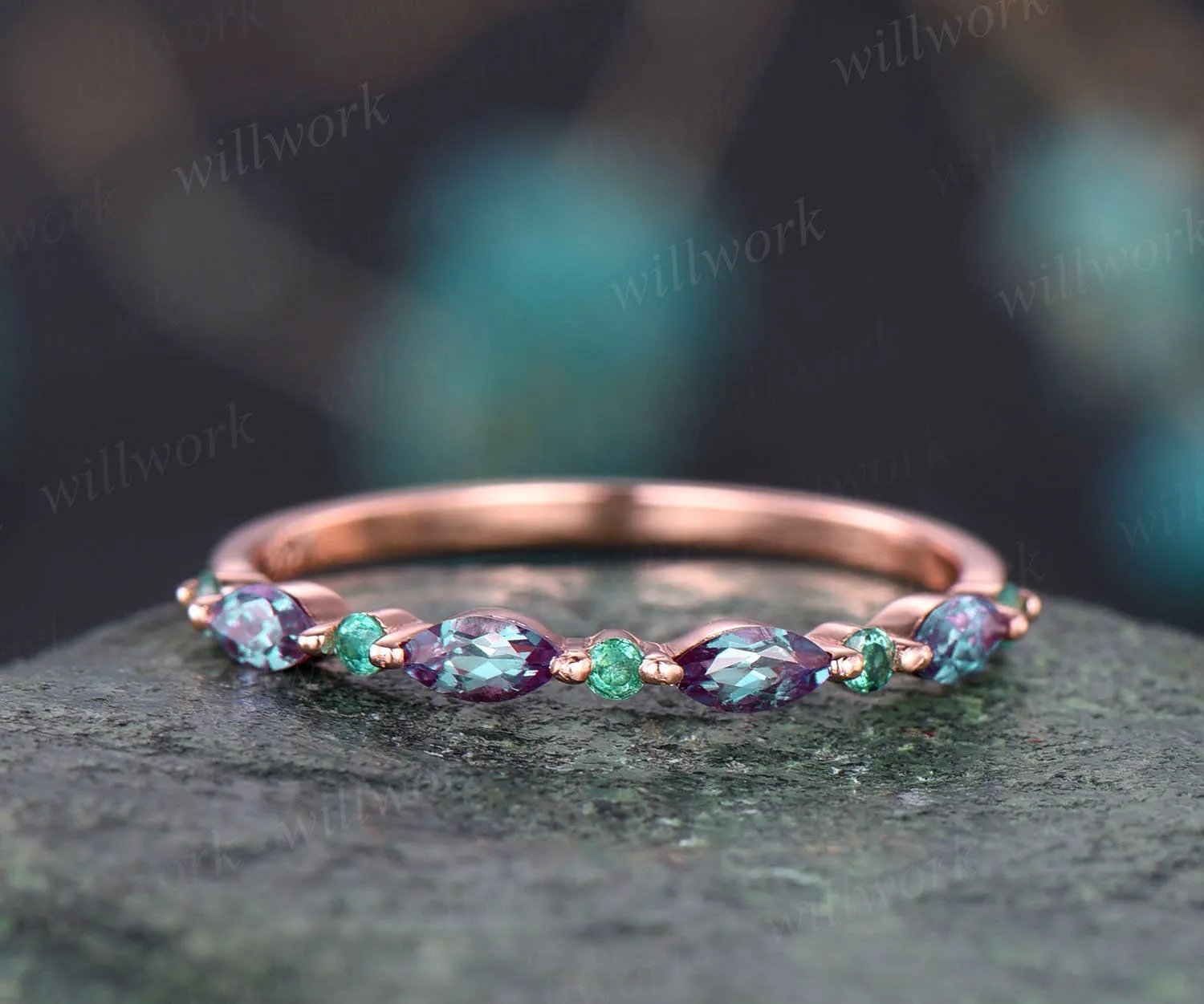 Marquise alexandrite wedding band Natural emerald ring for women vintage emerald wedding ring rose gold eternity bridal anniversary ring sold by Willwork Jewelry