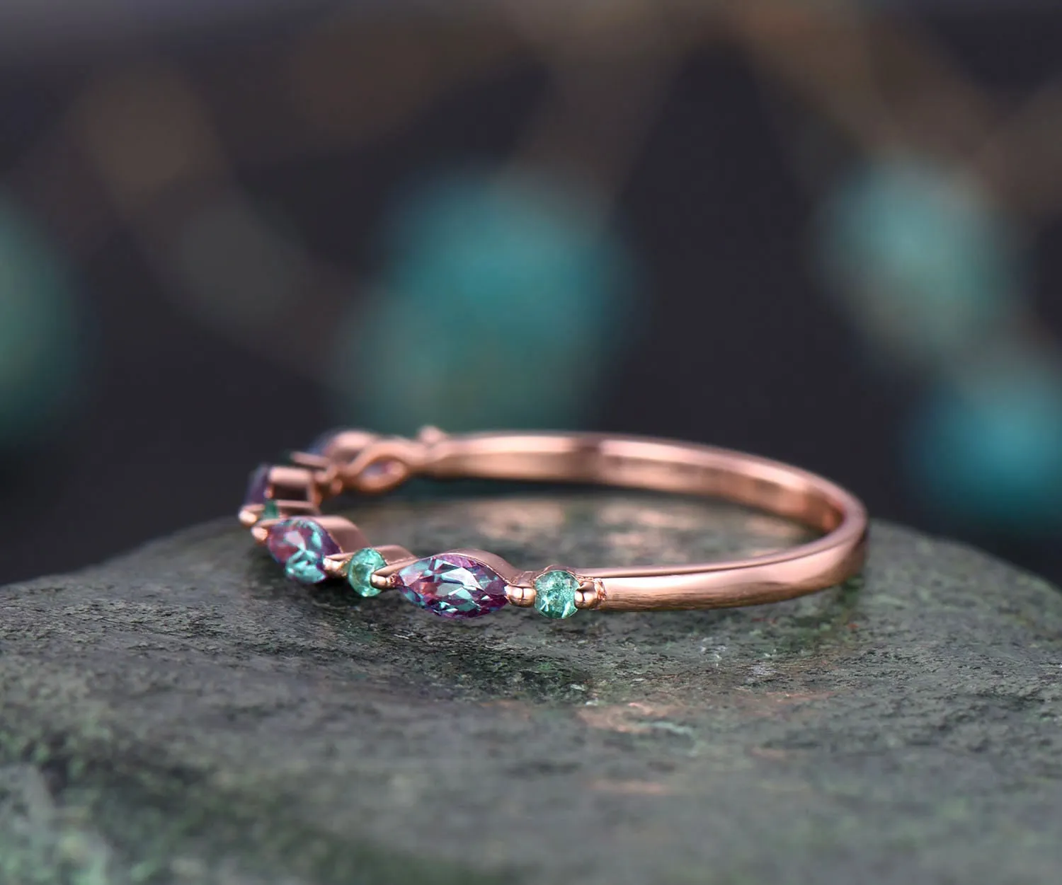 Marquise alexandrite wedding band Natural emerald ring for women vintage emerald wedding ring rose gold eternity bridal anniversary ring sold by Willwork Jewelry product image thumbnail 4