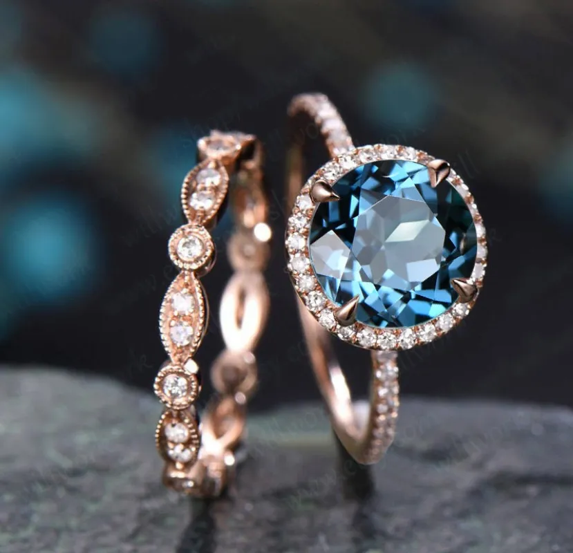 London blue topaz engagement ring set solid 14k rose gold diamond halo ring art deco full eternity matching wedding ring band 2pcs jewelry made by Willwork Jewelry